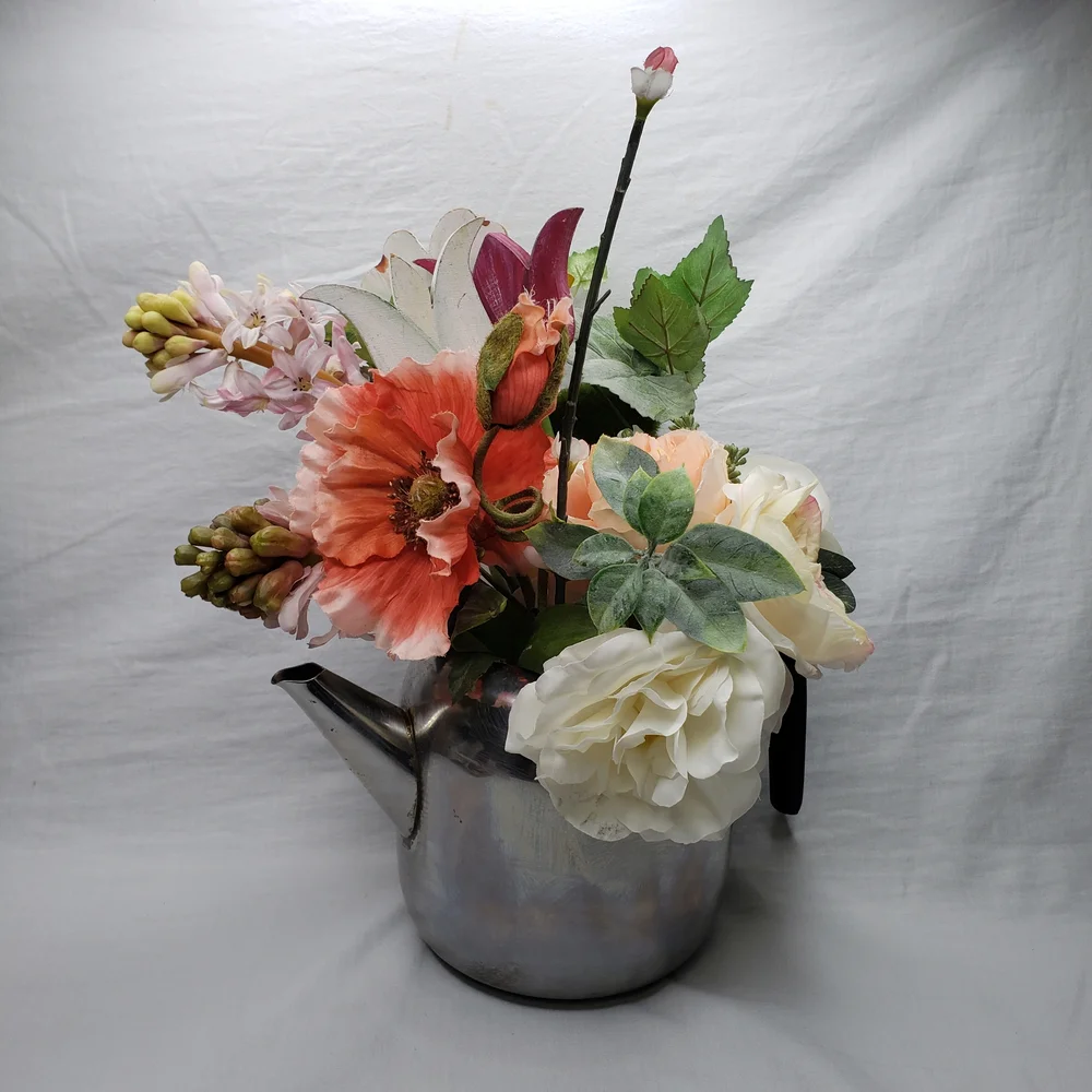 Vintage Upcycled Silver Kettle Floral Arrangement Whimsical Cottage